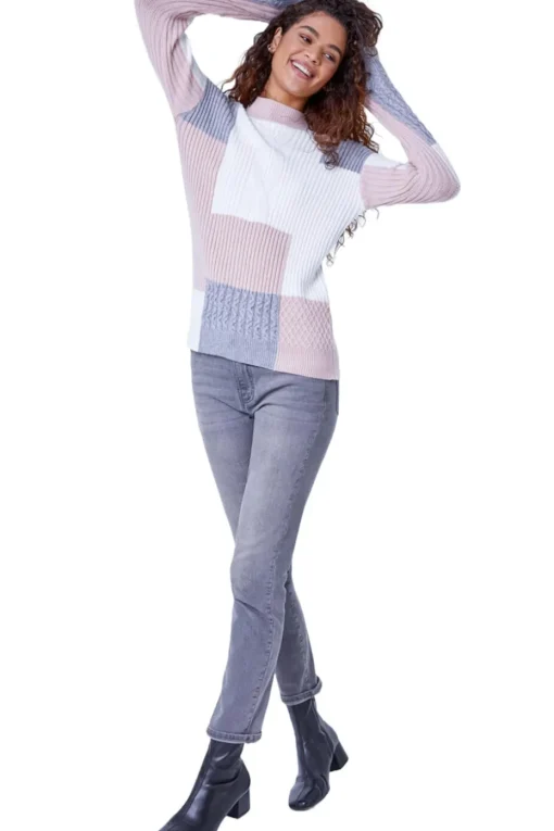 Roman Pink Colourblock Cable Knit Jumper