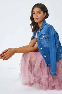 Roman Pink Elastic Waist Mesh Layered A Line Skirt