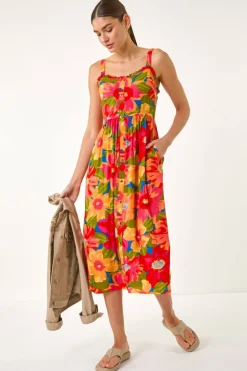 Roman Pink Floral Print Button Midi Sundress