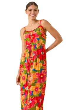 Roman Pink Floral Print Button Midi Sundress