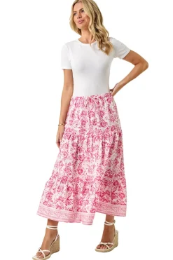 Roman Pink Petite Floral Print Tie Midi Skirt