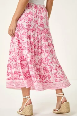 Roman Pink Petite Floral Print Tie Midi Skirt