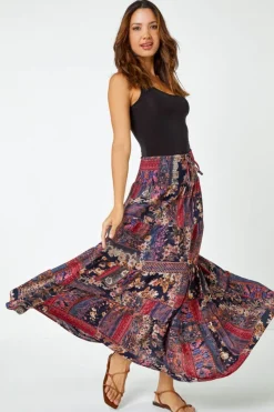 Roman Red Boho Floral Shirred Waist Maxi Skirt
