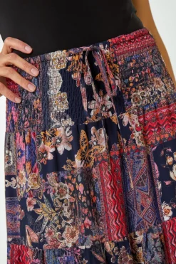 Roman Red Boho Floral Shirred Waist Maxi Skirt