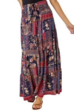 Roman Red Boho Floral Shirred Waist Maxi Skirt