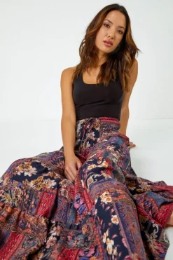 Roman Red Boho Floral Shirred Waist Maxi Skirt