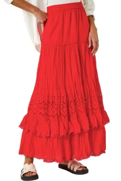 Roman Red Broderie Tiered Maxi Skirt