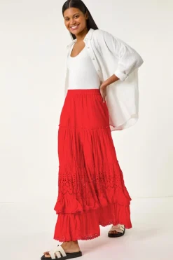 Roman Red Broderie Tiered Maxi Skirt