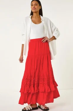 Roman Red Broderie Tiered Maxi Skirt