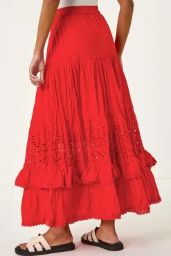 Roman Red Broderie Tiered Maxi Skirt