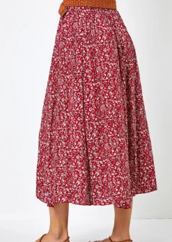 Roman Red Ditsy Floral Belted Elastic Waist Midi Skirt