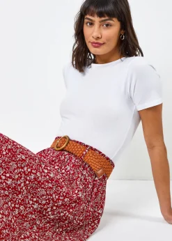 Roman Red Ditsy Floral Belted Elastic Waist Midi Skirt