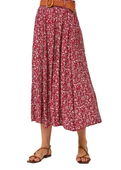 Roman Red Ditsy Floral Belted Elastic Waist Midi Skirt