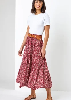 Roman Red Ditsy Floral Belted Elastic Waist Midi Skirt