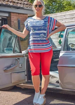 Roman Red Elastic Waist Knee Length Stretch Shorts