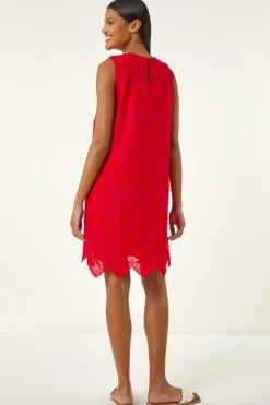Roman Red Flower Embroidered Shift Dress