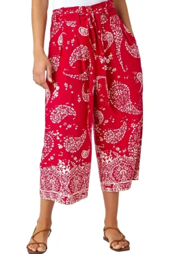 Roman Red Paisley Print Wide Leg Cropped Trousers