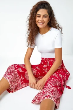 Roman Red Paisley Print Wide Leg Cropped Trousers