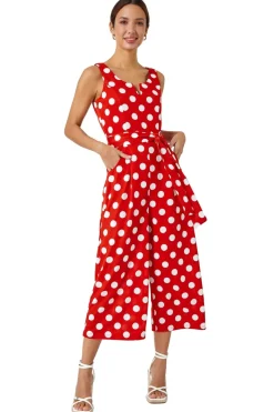 Roman Red Spot Print Belted Jumpsuit