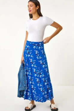 Roman Royal Blue Diagonal Ditsy Floral Print Skirt