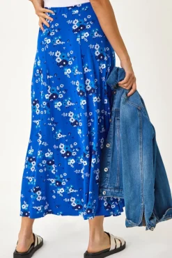 Roman Royal Blue Diagonal Ditsy Floral Print Skirt