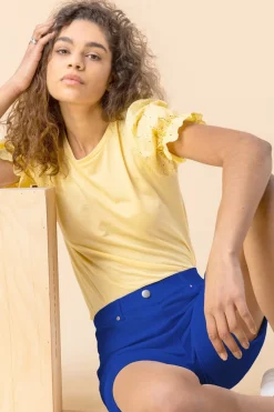 Roman Royal Blue Elastic Waist Turn Up Stretch Shorts