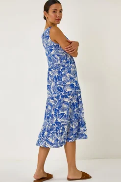 Roman Royal Blue Leaf Print Tiered Smock Midi Dress