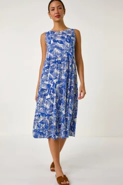 Roman Royal Blue Leaf Print Tiered Smock Midi Dress