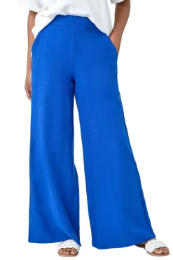 Roman Royal Blue Linen Blend Elastic Waist Wide Leg Trousers
