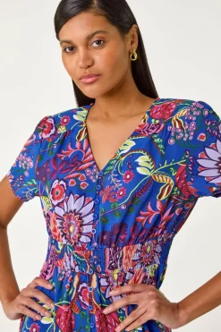 Roman Royal Blue Rose Print Button Detail Maxi Dress