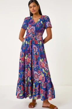 Roman Royal Blue Rose Print Button Detail Maxi Dress