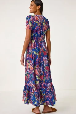 Roman Royal Blue Rose Print Button Detail Maxi Dress