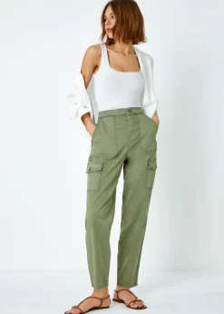 Roman Sage Casual Elastic Waist Cargo Stretch Trousers