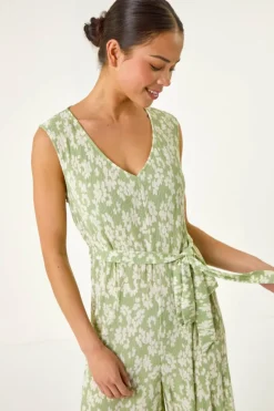 Roman Sage Petite Floral Crinkle Crop Jumpsuit