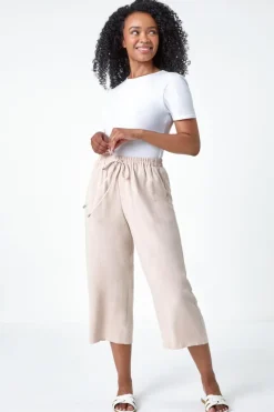 Roman Stone Petite Linen Mix Wide Cropped Trousers