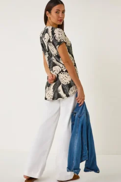 Roman Stone Textured Leaf Print V-Neck Stretch Top