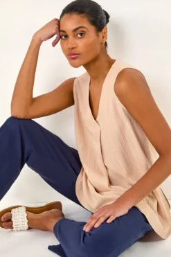 Roman Stone Textured Pleat Front Vest Top