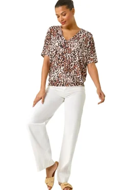 Roman Tan Abstract Print V-Neck Stretch Top