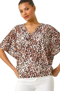 Roman Tan Abstract Print V-Neck Stretch Top