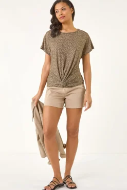 Roman Tan Animal Print Knot Front Stretch Top