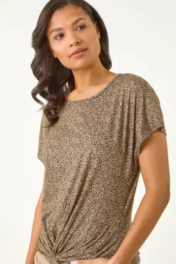 Roman Tan Animal Print Knot Front Stretch Top