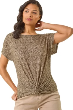 Roman Tan Animal Print Knot Front Stretch Top