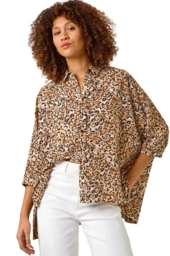 Roman Tan Animal Print Relaxed Blouse