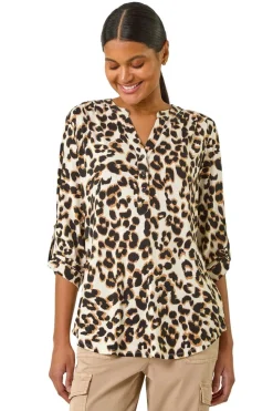 Roman Tan Animal Print Shoulder Pleat Shirt