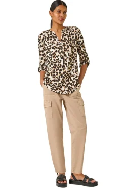 Roman Tan Animal Print Shoulder Pleat Shirt