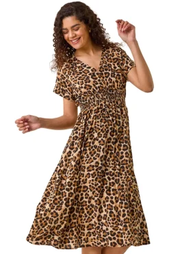 Roman Tan Animal Print Shirred Midi Dress
