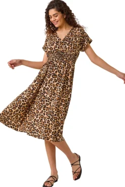 Roman Tan Animal Print Shirred Midi Dress
