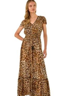 Roman Tan Animal Print Shirred Maxi Dress
