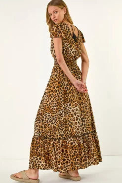 Roman Tan Animal Print Shirred Maxi Dress