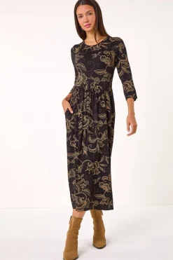 Roman Tan Paisley Pocket Stretch Midi Dress